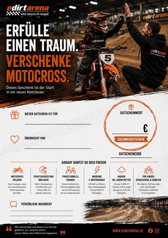 Voorbeeld van de eDirtarena-cadeaubonsjabloon om te printen, met velden voor de ontvanger, de gever, een persoonlijke groet, de waarde en de cadeaubon-code